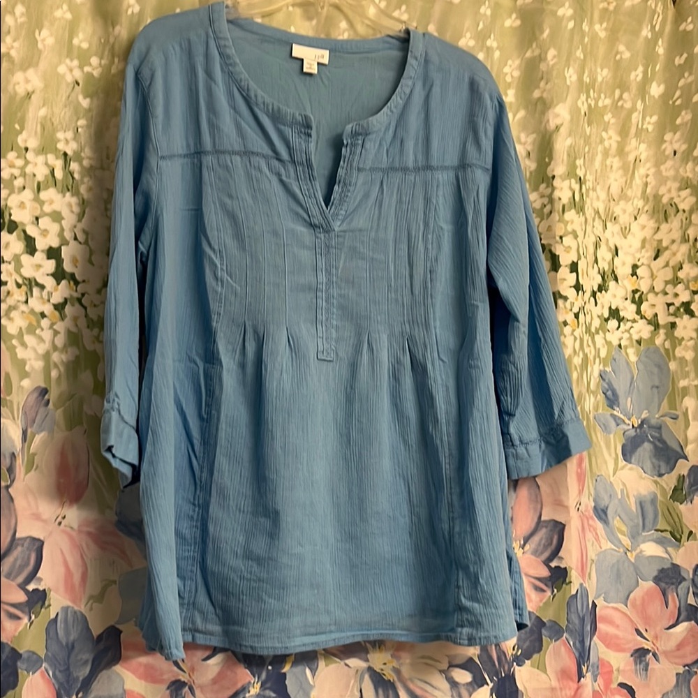J Jill light blue gauze top 1X. 3/4 sleeves with a split collar.